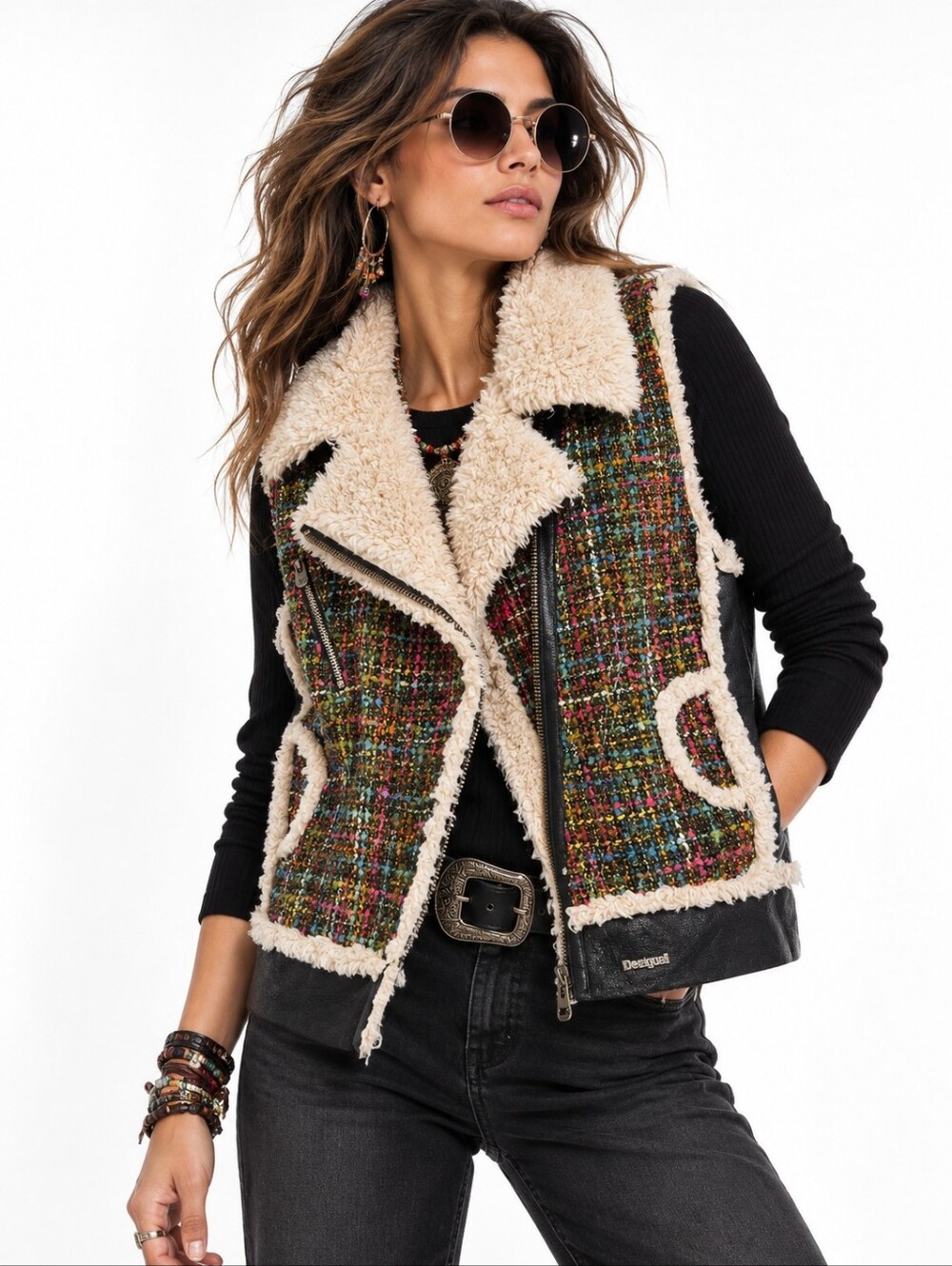 Desigual Multicolor Tweed Sherpa Moto Vest Faux Leather Size L